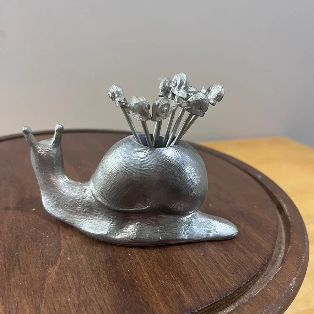 Vtg Silver Metal Snail Cocktail Pick Set 8‎ Piece Appetizer Forks Cottagecore